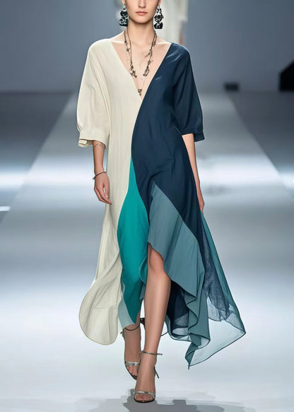 Polychrome Patchwork Cotton Robe Dresses Asymmetrical Summer
