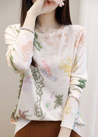 Portrait Print Silk Cotton T Shirt O Neck Long Sleeve