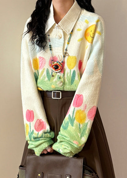 Print Button Loose Knit Coats O Neck Spring