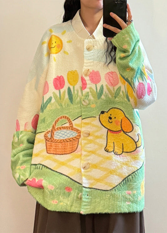 Print Button Loose Knit Coats O Neck Spring