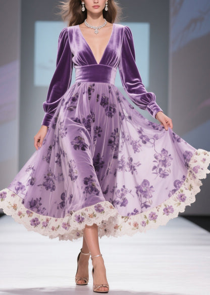 Print Wrinkled High Waist Patchwork Silk Velvet Long Dresses V Neck Spring