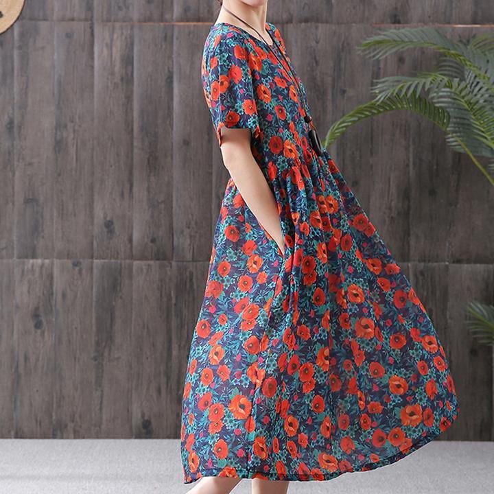 Plus Size - Print Cotton Linen Loose A-Line Dress - SooLinen