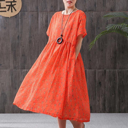 Plus Size - Print Cotton Linen Loose A-Line Dress - SooLinen