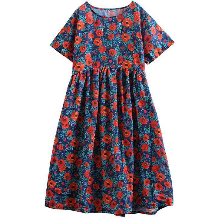 Plus Size - Print Cotton Linen Loose A-Line Dress - SooLinen