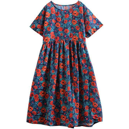 Plus Size - Print Cotton Linen Loose A-Line Dress - SooLinen