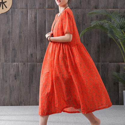 Plus Size - Print Cotton Linen Loose A-Line Dress - SooLinen