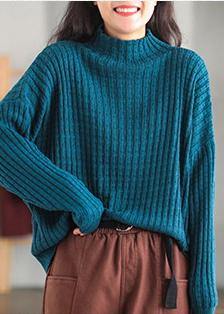 Pullover Black Sweater Blouse High Neck Cinched Loose Fitting Knitted Blouse - SooLinen