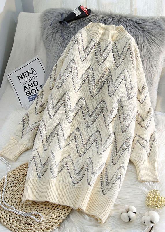 Pullover beige Sweater knit top pattern Design o neck thick daily knit dresses - SooLinen