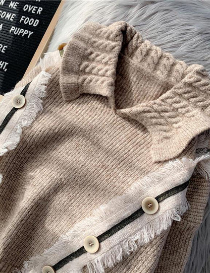 Pullover beige crane tops lapel asymmetric plus size knitted blouse - SooLinen