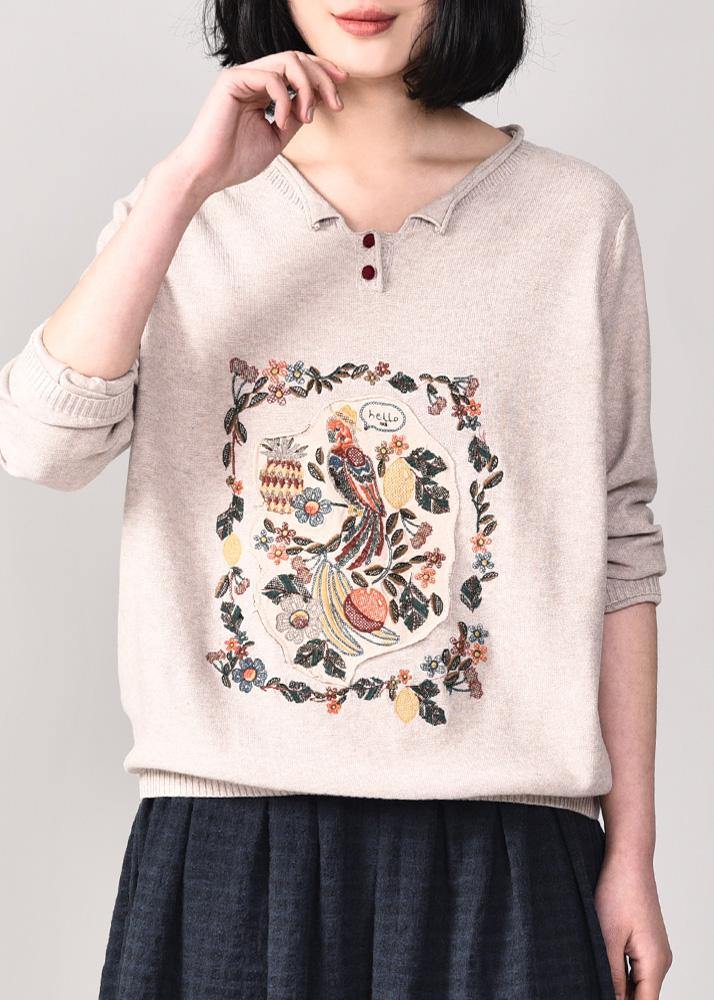 Pullover beige knitted jackets plus size clothing v neck sweaters long sleeve - SooLinen