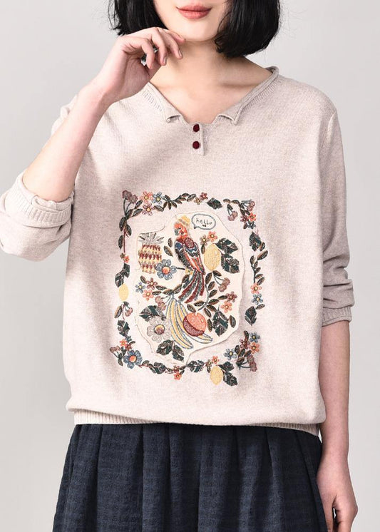 Pullover beige knitted jackets plus size clothing v neck sweaters long sleeve - SooLinen