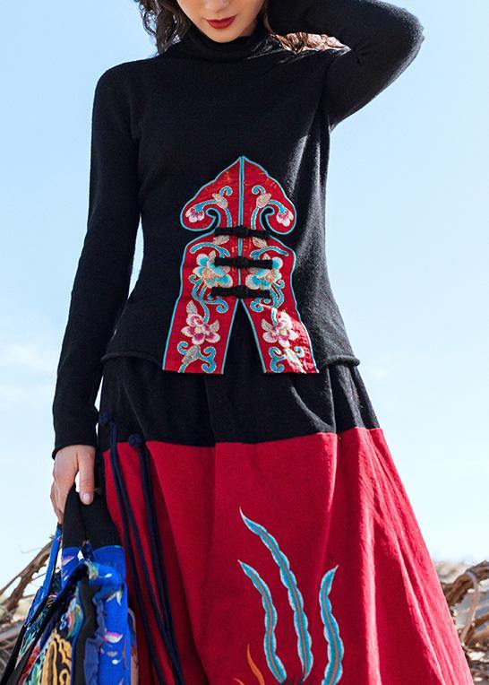 Pullover black Blouse embroidery casual high knit tops - SooLinen