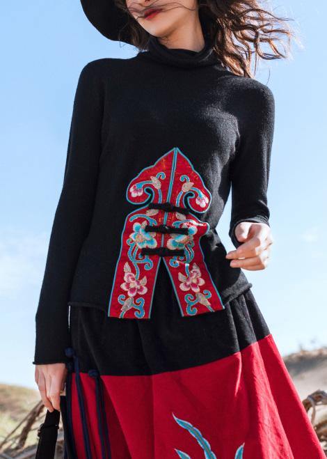 Pullover black Blouse embroidery casual high knit tops - SooLinen