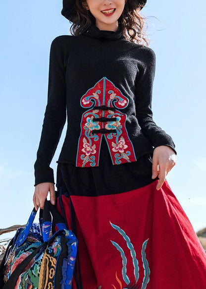 Pullover black Blouse embroidery casual high knit tops - SooLinen