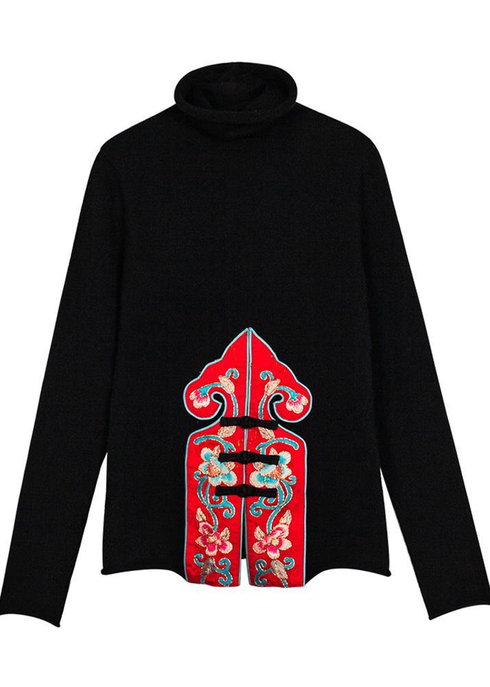 Pullover black Blouse embroidery casual high knit tops - SooLinen