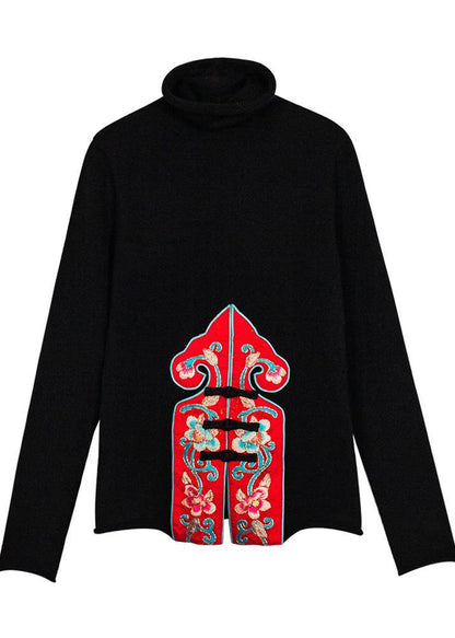 Pullover black Blouse embroidery casual high knit tops - SooLinen