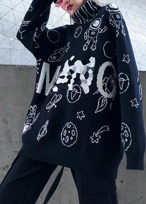 Pullover black Letter knit blouse high neck Loose fitting sweaters - SooLinen