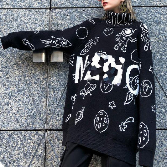 Pullover black Letter knit blouse high neck Loose fitting sweaters - SooLinen