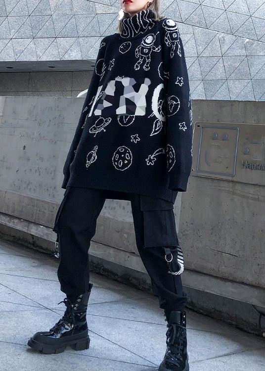 Pullover black Letter knit blouse high neck Loose fitting sweaters - SooLinen
