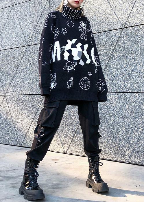 Pullover black Letter knit blouse high neck Loose fitting sweaters - SooLinen