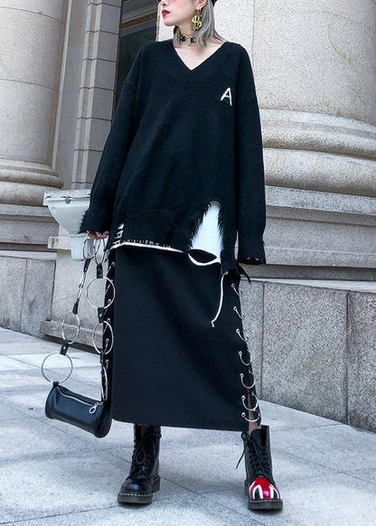 Pullover black knitted Loose fitting v neck Hole knit tops - SooLinen