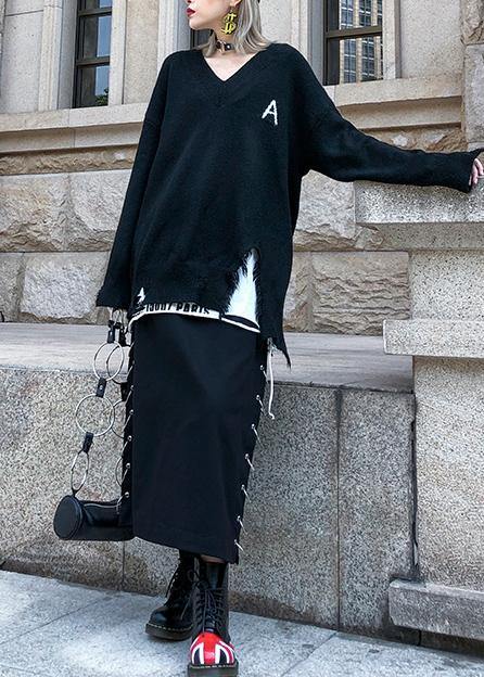 Pullover black knitted Loose fitting v neck Hole knit tops - SooLinen