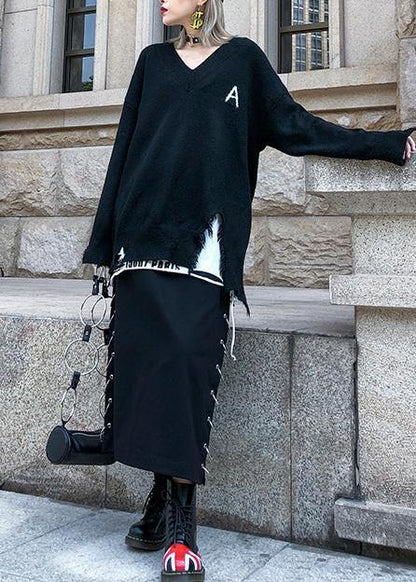 Pullover black knitted Loose fitting v neck Hole knit tops - SooLinen