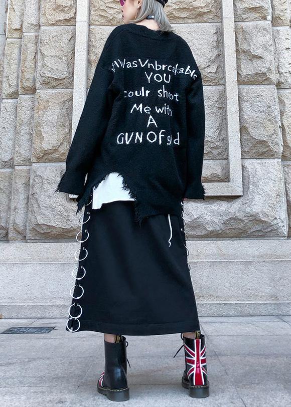 Pullover black knitted Loose fitting v neck Hole knit tops - SooLinen