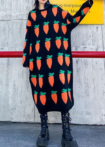 Pullover black print Sweater weather Re fashion o neck baggy Tejidos knit dresses - SooLinen