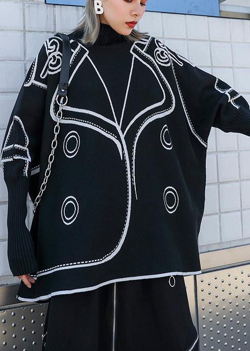 Pullover black print knit wear plus size clothing o neck Batwing Sleeve Blouse - SooLinen