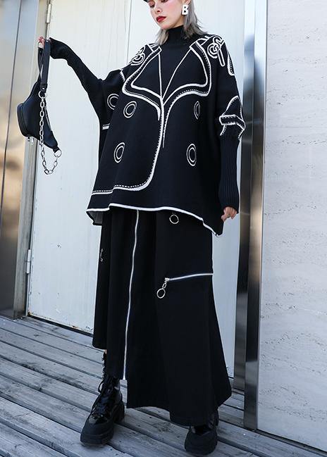 Pullover black print knit wear plus size clothing o neck Batwing Sleeve Blouse - SooLinen