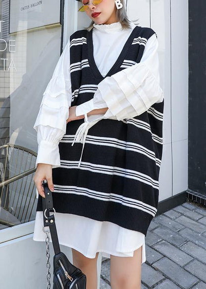 Pullover black striped knit blouse v neck sleeveless knit tops - SooLinen