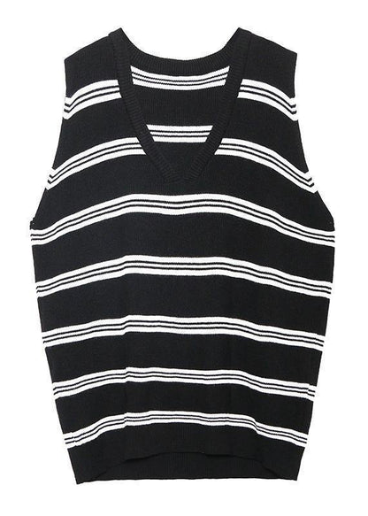 Pullover black striped knit blouse v neck sleeveless knit tops - SooLinen