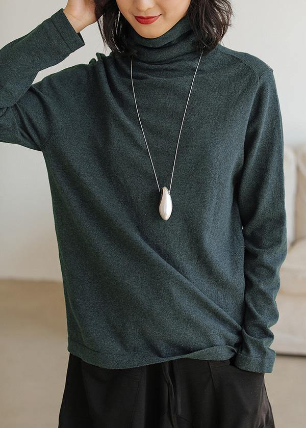 Pullover blackish green knit sweat tops casual high neck knitted pullover - SooLinen
