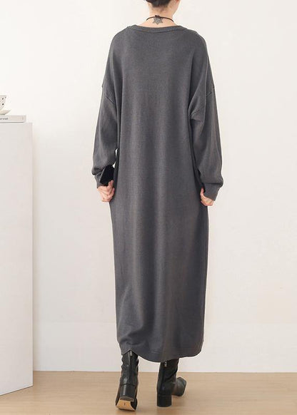 Pullover gray Sweater o neck wild Art spring knit dress - SooLinen