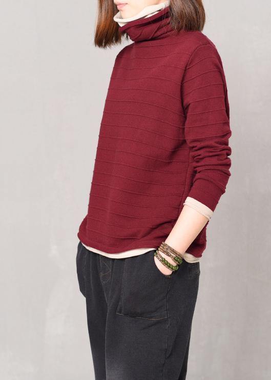 Pullover hige neck knitted tops oversize false two pieces patchwork color sweater red - SooLinen