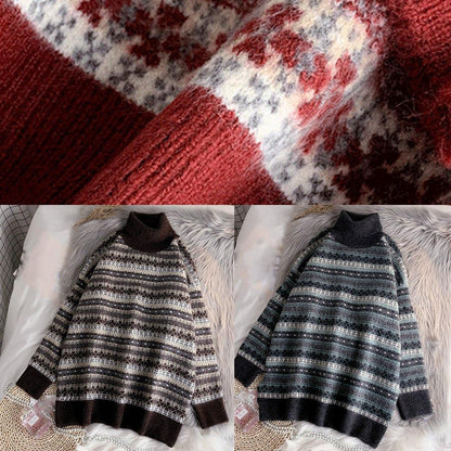 Pullover high neck gray knit sweat tops plus size striped sweater tops - SooLinen