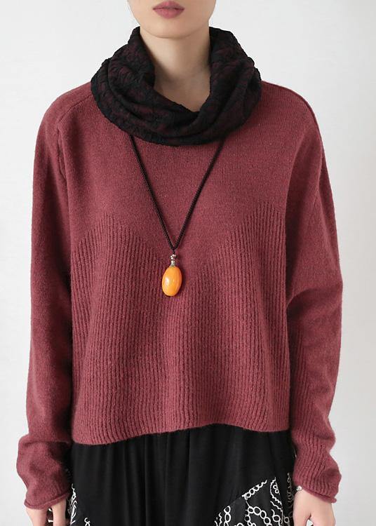 Pullover high neck red knit sweat tops trendy plus size Batwing Sleeve clothes - SooLinen