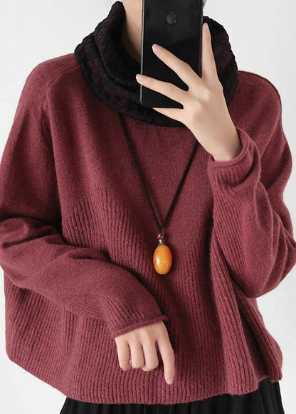 Pullover high neck red knit sweat tops trendy plus size Batwing Sleeve clothes - SooLinen