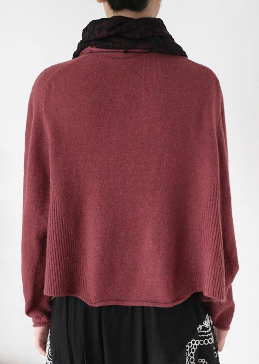 Pullover high neck red knit sweat tops trendy plus size Batwing Sleeve clothes - SooLinen