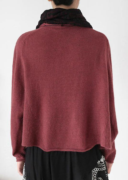 Pullover high neck red knit sweat tops trendy plus size Batwing Sleeve clothes - SooLinen