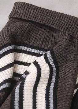 Pullover khaki striped knitted clothes plus size winter knitted blouse high neck - SooLinen