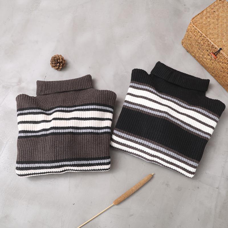 Pullover khaki striped knitted clothes plus size winter knitted blouse high neck - SooLinen