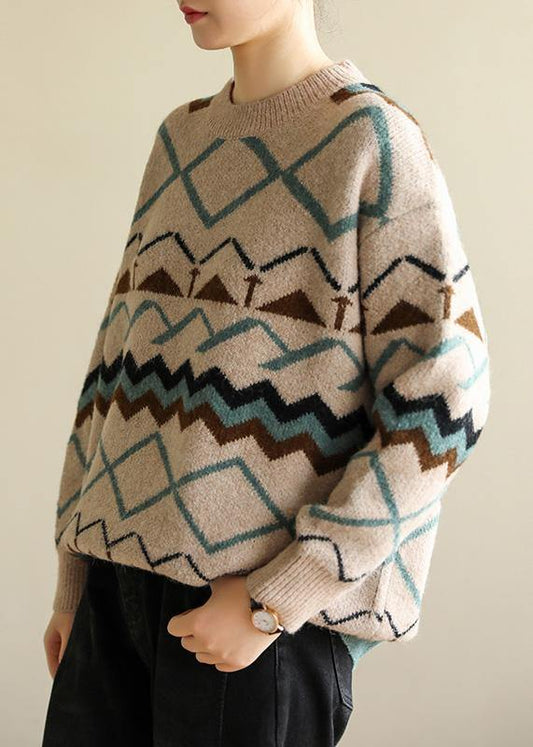 Pullover o neck khaki Geometry knitwear casual wild knit top silhouette - SooLinen