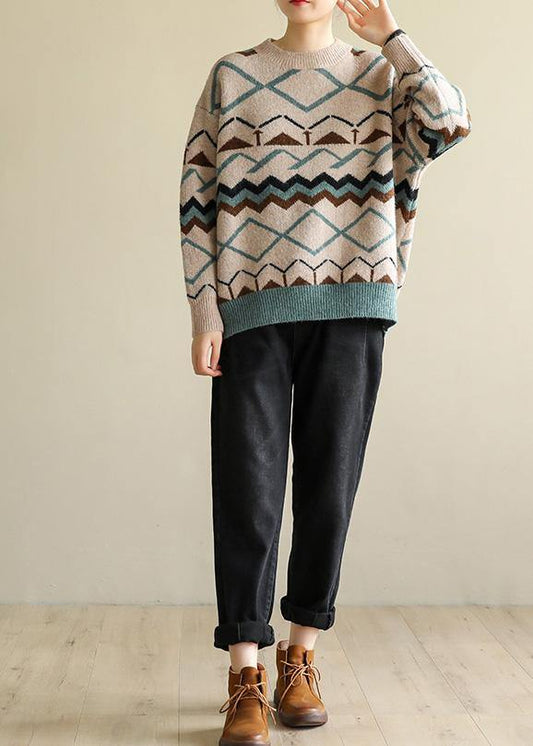 Pullover o neck khaki Geometry knitwear casual wild knit top silhouette - SooLinen