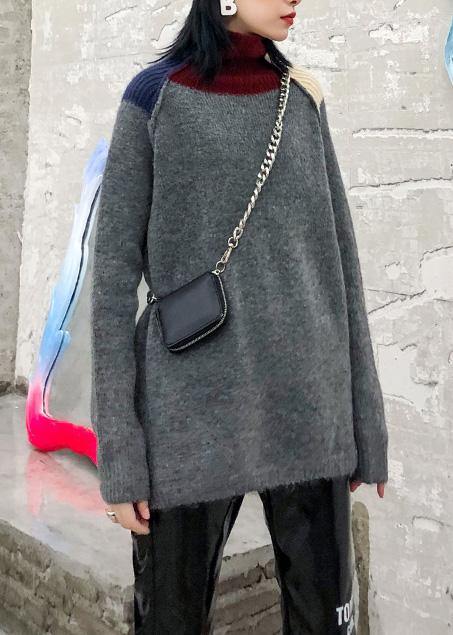 Pullover patchwork gray knitwear plus size clothing high neck knit tops - SooLinen