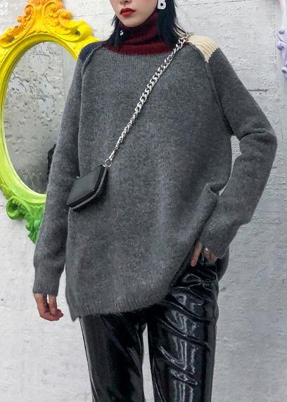 Pullover patchwork gray knitwear plus size clothing high neck knit tops - SooLinen