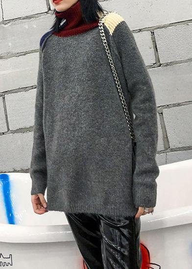 Pullover patchwork gray knitwear plus size clothing high neck knit tops - SooLinen