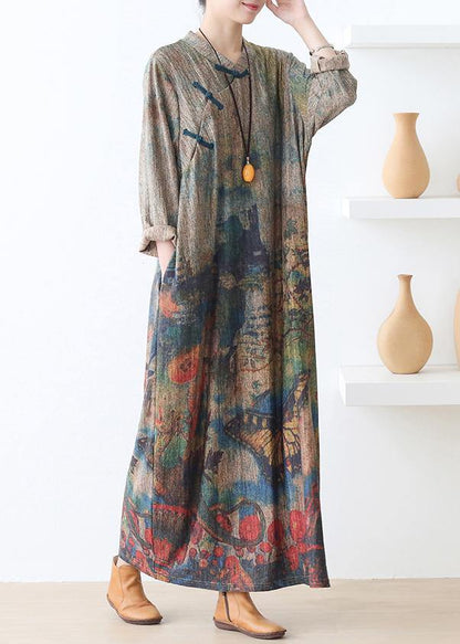 Pullover stand collar Sweater fall dresses Classy green print baggy knit dress - SooLinen