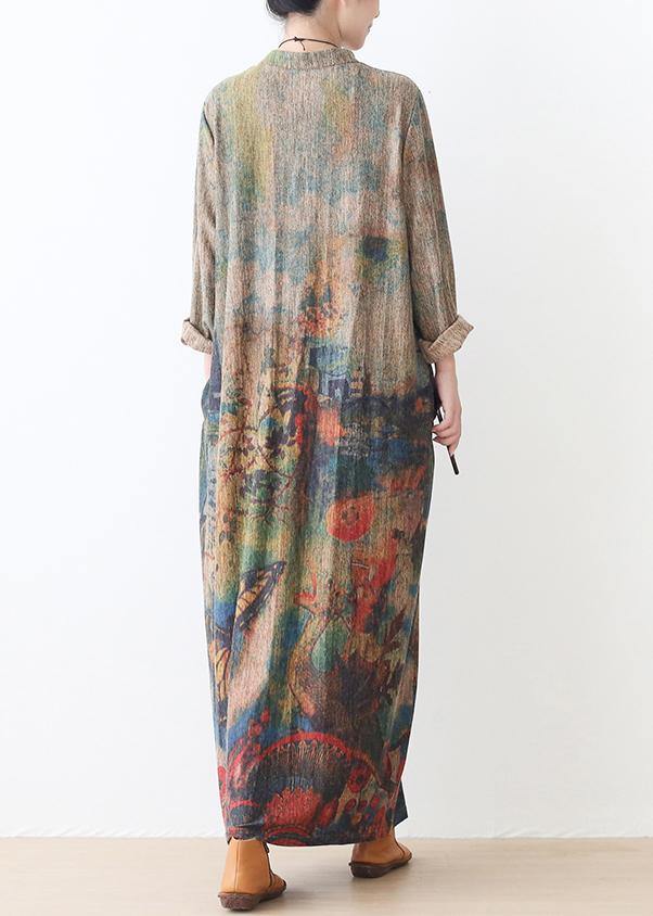 Pullover stand collar Sweater fall dresses Classy green print baggy knit dress - SooLinen